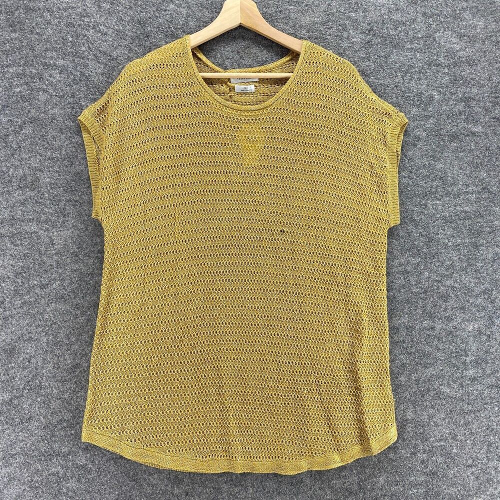 New Van Heusen Top Women XL Yellow Crochet Crew Neck Short Sleeve Breathable
